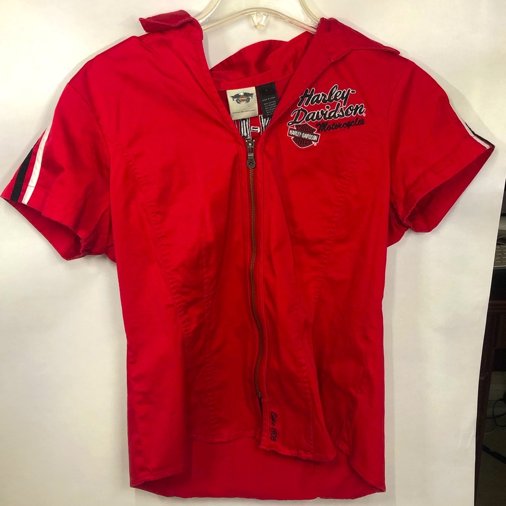 red Harley Davidson motorcycle shirt sleeve zip up